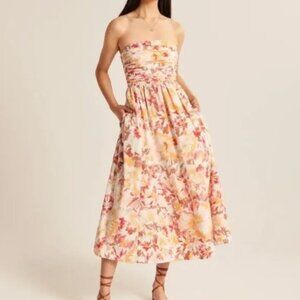 Abercrombie & Fitch Strapless Floral Midi Dress in Pink, Yellow and Cream